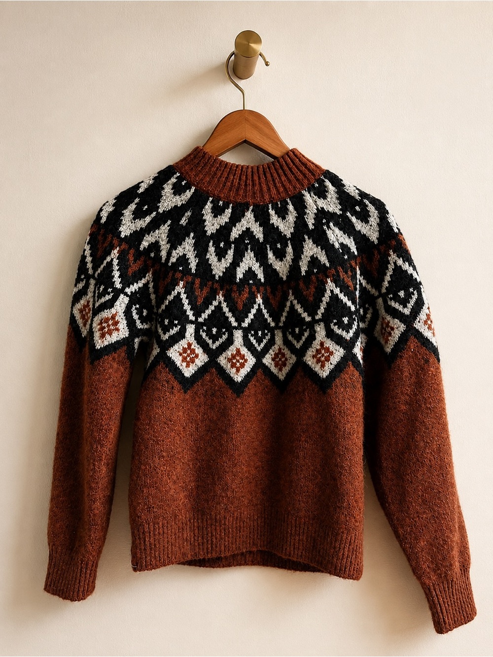 A.N.A. Fair Isle Mock Neck Sweater XS Rust Nordic Knit